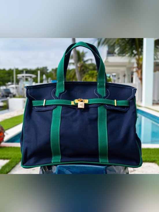 Navy Blue and Green Canvas Boatkin Tote Bag